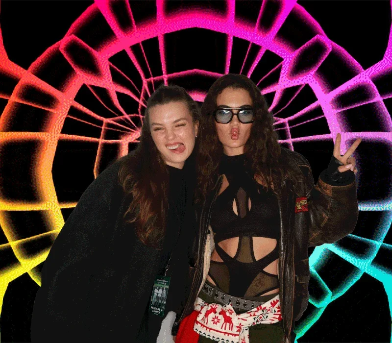 Friends composited onto a neon rainbow tunnel background by the green screen booth